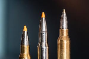 Jagdpatronen im Kaliber 308 Winchester (l-r), 30-06 Springfield und 300 Winchester Magnum stehen bei einem Jäger auf einem Waffenschrank. (Symbolbild)