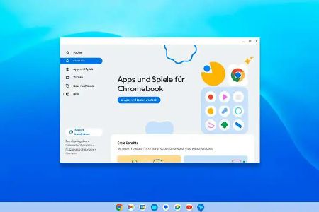 Chrome OS Flex: Links unten geht es zu den Programmen, in der Mitte sind die wichtigsten Apps aufgereiht und rechts unten gelangen Nutzer zu den Einstellungen für das Betriebssystem.