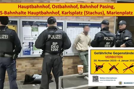 München: von Samstag, 28.11.2025, 6 Uhr, bis Sonntag, 04.01.26, 24:00 Uhr erließ die Bundespolizei für den Hauptbahnhof, Ostbahnhof, Bahnhof Pasing sowie die S-Bahnhaltepunkte Hauptbahnhof, Marienplatz und Karlsplatz (Stachus) ein Mitführverbot von Waffen und gefährlichen Gegenständen.