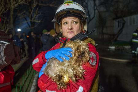 Eine Retterin hält einen geretteten Hund nach dem Einschlag einer russischen Rakete in ein mehrstöckiges Wohnhaus außerhalb von Kiew.