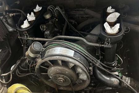 Porsche 911 E Targa unter Kiefernzapfen begraben