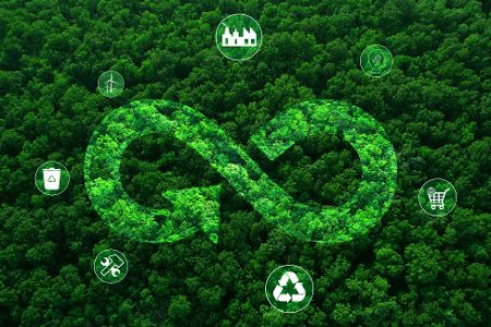 Digitales Unendlichkeitssysmbol vor einem Waldhintergrund, daneben angeordnet Symbole verschiedener Lebensbereiche wie Industrie und Recycling