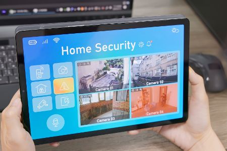 Modernes Haussicherungssystem zeigt Kameras in einer überwachten Wohnung auf einem Laptop