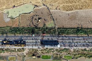 Ein Bagger hebt eine Grube aus, um den Kadaver eines Elefanten zu begraben, der bei der Kollision mit einem Zug ums Leben kam.