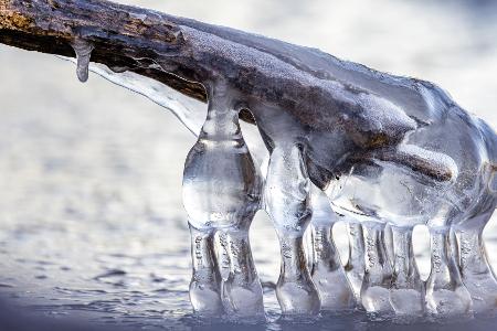 Kleine Eisstrukturen haben sich nach zwei sehr kalten Nächten am Ufer der Talsperre Spremberg gebildet.