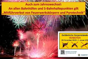 Hinweis der Münchner Bundespolizei: An allen Bahnanlagen gilt generell ein Mitführverbot von Feuerwerkskörpern und Pyrotechnik. Auf allen Bahnanlagen ist das Zünden von Pyrotechnik verboten!