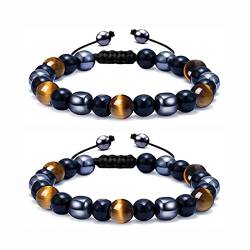 通用 Armband mit Dreifachem Schutz, 2 Stück Schwarzer Obsidian Tigerauge Stein Hämatit Armband, Tigerauge Dreifach-Armband, Natürliches Tigerauge Armband für Freund, Ehemann und Vater von 通用