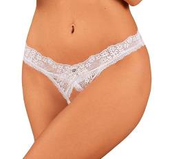 0bsessive Frauen Dessous ouvert Netz String Tanga in weiß transparent mit Blumen und Spitze Schnitt Damen Ausschnitt offen Netz-Slip Größe: M/L von 0bsessive