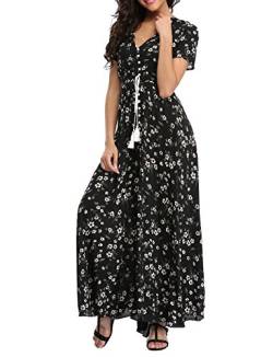 1stvital Damen Blumen Maxikleider Boho Sommer Strandkleid Kurzarm Button Up Split Partykleid, Schwarz & Blumen 02, Groß von 1stvital