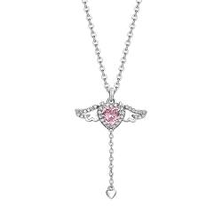 2022 Rosa Kristall Engelsflügel Herz Anhänger Halskette für Frau minimalistischen Schmuck Mädchen Halskette Elegante Strass Halskette Edelstahl Ketten Für Herren (Pink, One Size) von 2022