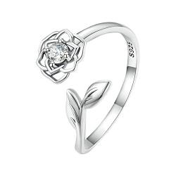 2022 S925 Sterling Silber Kamelie Offener Ring Einfacher Zirkon Blumenring Hochzeit Ringe Silber (Silver, One Size) von 2022