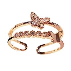 Neuer Schmetterlingsflügelring Weiblicher Schwanzring Mode Persönlichkeit Öffnung Einstellbarer Zirkonring Schmuck Temperament Einfache und kompakte einstellbare Ringe für Frauen (Rose Gold, One Size) von 2022