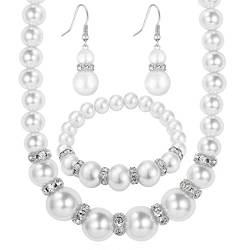 Silbernes Perlen-Strass-Set Natürliches Süßwasserperlen-Halsketten-Set beinhaltet atemberaubendes Halsketten-Armband und Ohrringe Schmuck-Geschenk für Frauen Spaltringe Für Schmuck (Silver, One Size) von 2022