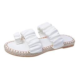 Schuhe Extra Weit Damen Mode Sommer Damen Hausschuhe flach einfarbig Leinensohle plissiert Set Toe bequem lässig Damen Tracht Schuhe (White, 37) von 205