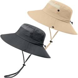 2 Stück Boonie Sonnenhut Herren Bucket Hat UV-Schutz Faltbar Wasserdicht Outdoor Sonnenschutz Hut Fischerhut Sommer Gartenhut Wanderhut Anglerhut Buschhut Unisex (Dunkelgrau & Khaki, 2 Stück) von 29 IYEBRAO