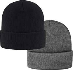 2 Stück Classics Beanie Mütze Herren Damen,Unisex Wintermütze,Knit Cuffed Beanie Hat,Dehnbar Weiche Strickmütze für läuft Autofahren Radfahren Arbeiten Outdoor (Schwarz und Dunkelgrau,2 Stück) von 29 IYEBRAO