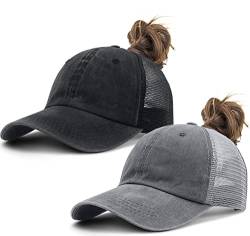 Iyebrao Damen-Baseballkappe, Pferdeschwanz, unordentlich, hoher Dutt, Ponycap, Used-Look, gewaschene Baumwolle, Sport-Mütze, Papa-Hut, Trucker-Kappe, 2 Stück, schwarz und grau, Einheitsgröße von 29 IYEBRAO