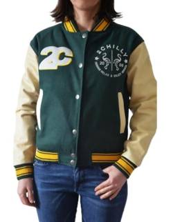 2chilly Damen Collegejacke Baseballjacke Varsity Jacke Lederjacke College Baseball Jacke Leder Collegiate (as3, alpha, x_s, regular, regular, forrest-Green(beige) von 2chilly