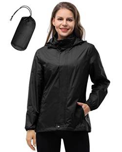 33,000ft Damen Leichte Regenjacken Kapuze Atmungsaktiv Packbar Laufen Regenmäntel Active Trench Windbreaker mit versteckter Kapuze für Radfahren Wandern, Schwarz , 36 von 33,000ft