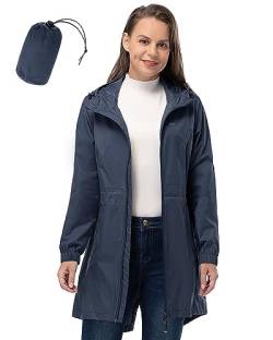 33,000ft Damen Regenjacke Leichte Kapuze Lange Regenmantel Wasserdichte Jacke Damen Packbare Funktionsjacke Windbreaker Atmungsaktiv Active Outdoor Mäntel, Dunkelgraues Blau, 42 von 33,000ft