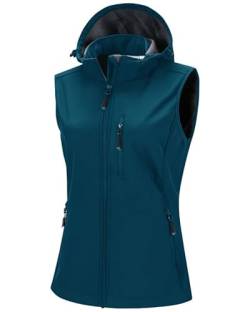 33,000ft Damen Softshell Westen mit Abnehmbare Kapuze Fleece Gefütterte Ärmellose Jacke Wasserdichte Winddichte Sportwesten Vest mit 5 Taschen für Reiten Laufen Wandern Keramik Blau XS von 33,000ft