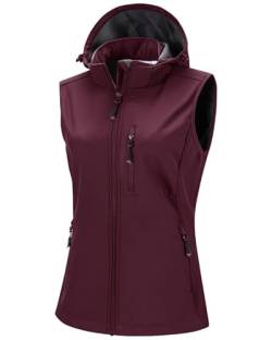 33,000ft Damen Softshell Westen mit Abnehmbare Kapuze Fleece Gefütterte Ärmellose Jacke Wasserdichte Winddichte Sportwesten Vest mit 5 Taschen für Reiten Laufen Wandern Wine Rot S von 33,000ft