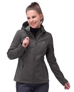 33,000ft Damen Softshelljacke Wasserdichte Winddichte Funktionsjacke Atmungsaktive Übergangsjacke Leichte Fahhradjacke mit Kapuze Windbreaker zum Laufen, Radfahren, Wandern，Grau 40 von 33,000ft