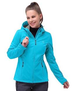 33,000ft Damen Softshelljacke Wasserdichte Winddichte Funktionsjacke Atmungsaktive Übergangsjacke Leichte Fahhradjacke mit Kapuze Windbreaker zum Laufen, Radfahren, Wandern，Himmelsblau 44 von 33,000ft