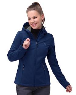 33,000ft Damen Softshelljacke Wasserdichte Winddichte Funktionsjacke Atmungsaktive Übergangsjacke Leichte Fahhradjacke mit Kapuze Windbreaker zum Laufen, Radfahren, Wandern，Navy Blau 34 von 33,000ft