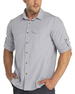 33,000ft Funktionshemd Herren UPF50+ UV-Schutz Langarm Hemd Atmungsaktiv Button-Down-Hemd Outdoor Sportliches Freizeithemd Angelhemd Für Männer Silber Grau 3XL von 33,000ft
