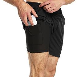 33,000ft Herren 2 in 1 Shorts Sommer Schnelltrocknende Laufshorts mit Taschen Sport Kurze Hosen Fitness Laufhose, Schwarz XL von 33,000ft