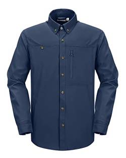 33,000ft Herren Sportshemd Langarmhemd Schnelltrocknende Leicht Funktionshemd Atmungsaktive Button Down Hemd 50+ UV-Schutz Outdoorhemd für Angeln Wandern Navy Blau 2XL von 33,000ft