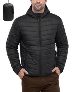 33,000ft Leichte wasserdichte Pufferjacke Herren verstaubare isolierte Winterjacke mit Kapuze winddichter Herren Steppmantel für Wandern, Reisen, Schwarz , L von 33,000ft