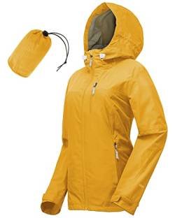 33,000ft Regenjacke Damen Wasserdicht Outdoorjacke Atmungsaktiv Herbst Übergangsjacke Leichte Jacke mit Kapuze Windbreaker zum Wandern Reisen Treking Fahrrad Goldgelb 34 von 33,000ft