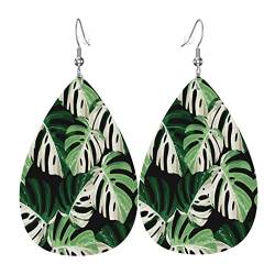 Damen Ohrringe Ohrhänger Leichte Ohrringe Hängend Kunstleder Schmuck Tropisches Weißgrünes Monstera-Blatt von 351