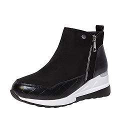 Stiefeletten Damen Weiß Absatz Mode Colorblock-Stiefel Schuhe mit dicken Sohlen Kurze Keile Damenstiefel Stiefeletten Damen (Black, 39) von 351