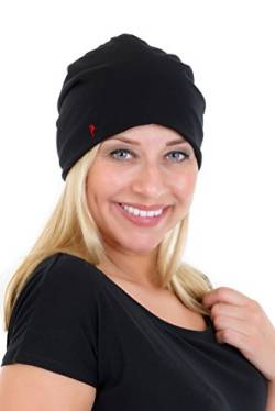 3Elfen Beanie Mütze schwarz/grau aus leichtem Jersey elastisch einfarbig und schlicht mit der Logo Elfe schwarz rot von 3Elfen