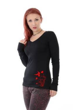 3Elfen Longsleeve Frauen einfach/Langarm T-Shirt mit Druck Wiesen Elfen, schwarz rot, L, Longshirt von 3Elfen