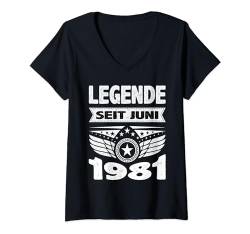 Damen Juni 1981 Legende seit 43 Jahren Mann Frau Geburtstag T-Shirt mit V-Ausschnitt von 43. Geburtstag 1981 Geburtstagsgeschenk Sprüche