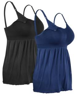 4How 2 Stück Damen Stilltops ohne Bügel Tanktop Unterhemd mit Integriertem BH für Stillen SchlafSchwarz+Blau,M von 4How