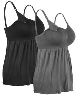 4How 2 Stück Damen Stilltops ohne Bügel Tanktop Unterhemd mit Integriertem BH für Stillen SchlafSchwarz+Grau,M von 4How