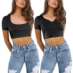 4How 2er-Pack Damen Sommer Kurzarm-Crop-Top,Damen Kurzarm T-Shirt,Reines Baumwoll-Geripptes-Strick-T-Shirt mit Rüschen,mit V-Ausschnitt und U-Ausschnitt,XXL,Schwarz von 4How