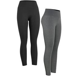 4How 2er Pack Damen Sport Leggings Baumwollleggings Lang blickdichte Sporthose Fitness Yoga Pants Tights Baumwolle Schwarz Grau S(34/36) von 4How