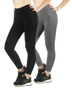 4How 2er Pack Damen Sport Leggings Lang Baumwollleggings blickdichte Sporthose Jogginghose Frauen Fitness Yoga Pants atmungsaktiv Schwarz Grau XL(42/44) von 4How