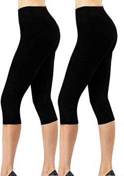 4How Damen Baumwolle Leggings 3/4 Blickdichte Capri Leggings Yoga Sport Leggings Hoher Bund Sporthose Basic Baumwollleggings 2 Pack Schwarz L von 4How