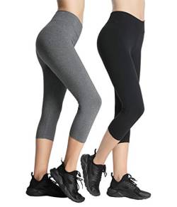 4How Leggings Damen Sporthose Baumwolle High Waist Gym Leggings 3/4 Damen Für Yoga Pants Blickdicht Leggings 2er-Pack Schwarz+Dunkelgrau L von 4How