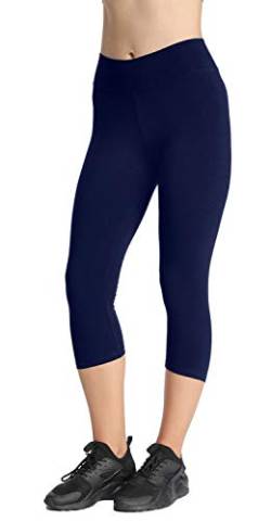 4How Sport Leggings Damen 3/4 Capri Leggins Baumwollleggings Sporthose Laufhose Blickdicht Yoga Pants Tights Strumpfhosen Damen Basic Leggins Dunkelblau L von 4How