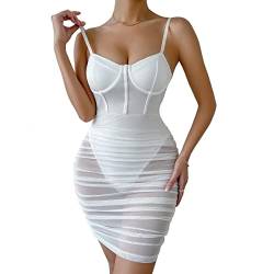 Damen Satin Spaghetti Träger Korsett Kleid Push Up Patchwork Mesh Durchsichtig Abschlussball Midi Party Kleid, Weiß-d7005, Mittel von 4UFIT