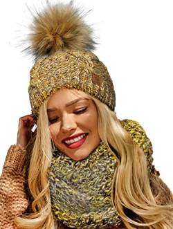 4sold Damen Strick-Mütze Gefüttert mit Faux Fell-Bommel Set Mütze & Schal Alpaka Wolle Bommelmütze Kiesel Bommel Pompon - Set Mustard von 4sold