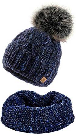 4sold Damen Strick-Mütze Gefüttert mit Faux Fell-Bommel Set Mütze & Schal Alpaka Wolle Bommelmütze Kiesel Bommel Pompon - Set Navy von 4sold